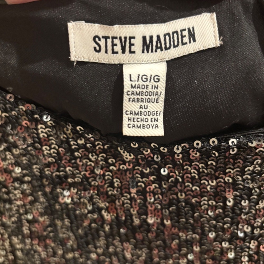 NWT Size Large Steve Madden Sequin Mini Shift Dress Womens Black New Long Sleeve - Picture 5 of 9